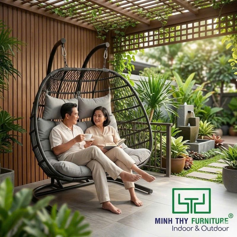 BÀN GHẾ NHỰA GIẢ MÂY XUỐNG CẤP – GIẢI PHÁP KHẮC PHỤC HIỆU QUẢ CHO DOANH NGHIỆP 3 xích đu nhựa giả mây cao cấp cho quán cafe sân vườn